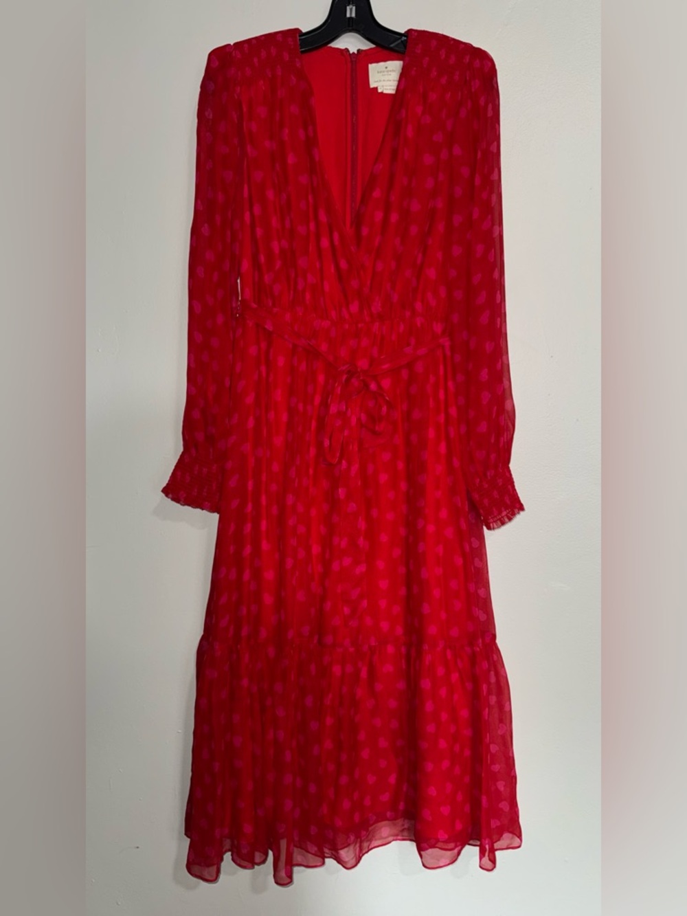 kate spade Red Long-Sleeve Heartbeat Silk  Midi Dress - Picture 4 of 16